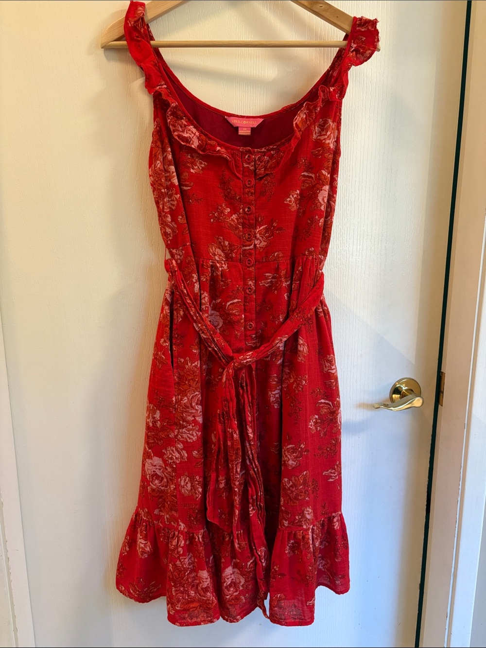 April Cornell Red Floral Midi Dress with Tie Waist